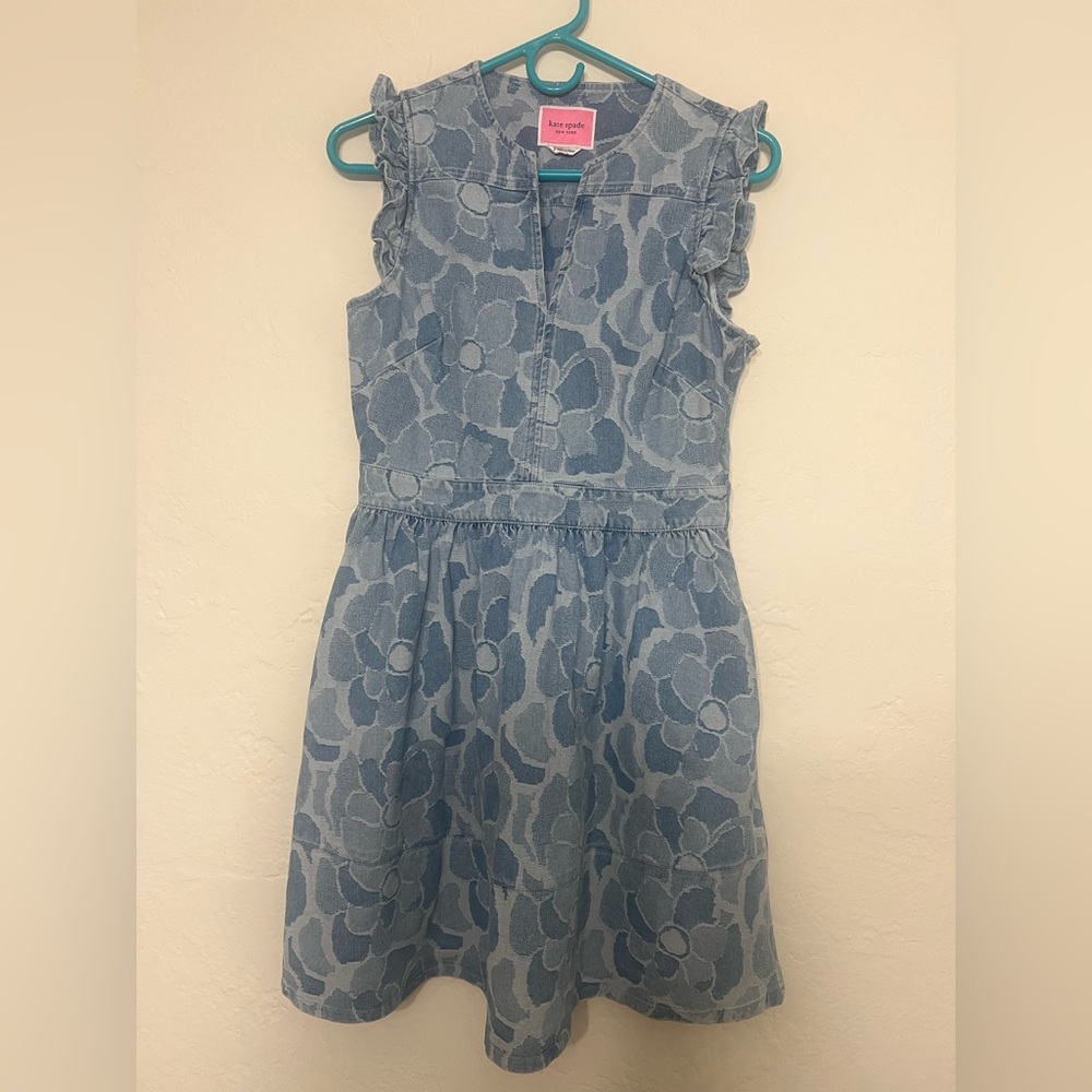Kate Spade Denim Floral Textured Sleeveless Fit‑and‑Flare Dress with Ruffles